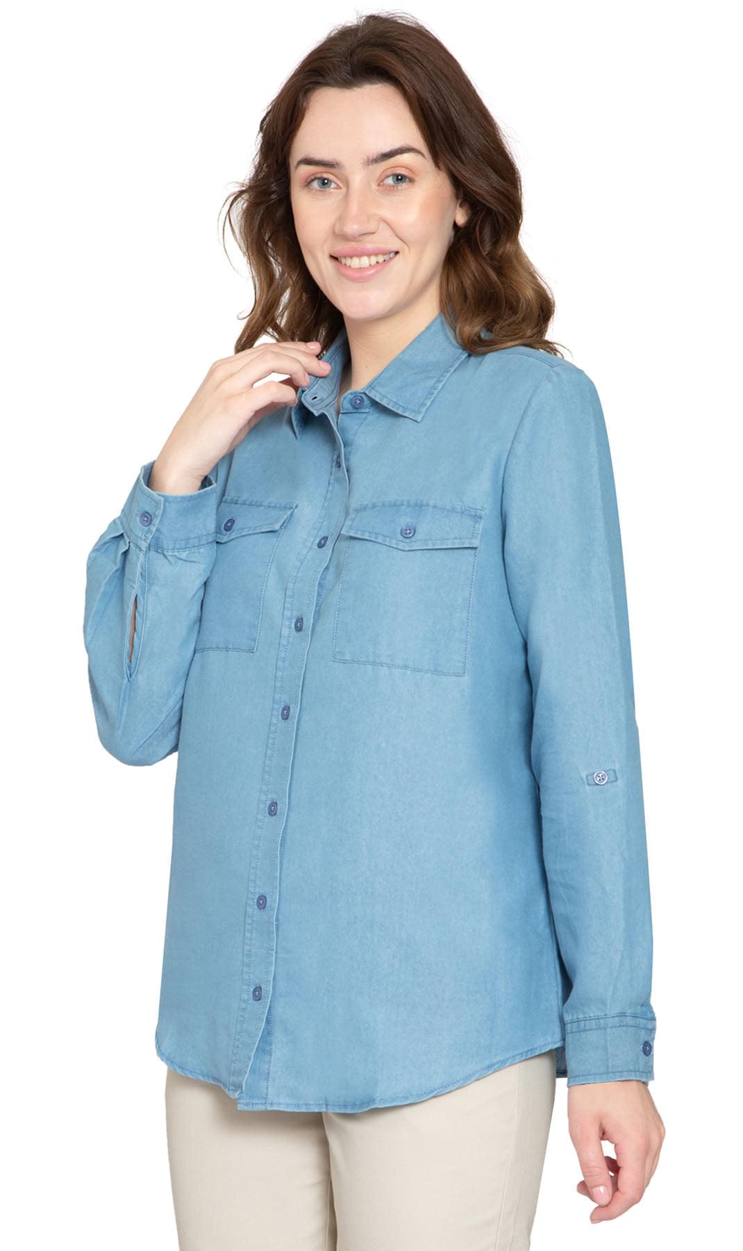 Women's Classic Denim Shirt - Crisp and Tailored for the Urban Cowgirl - LIGHT WASH - Side -TURTLE BAY APPAREL