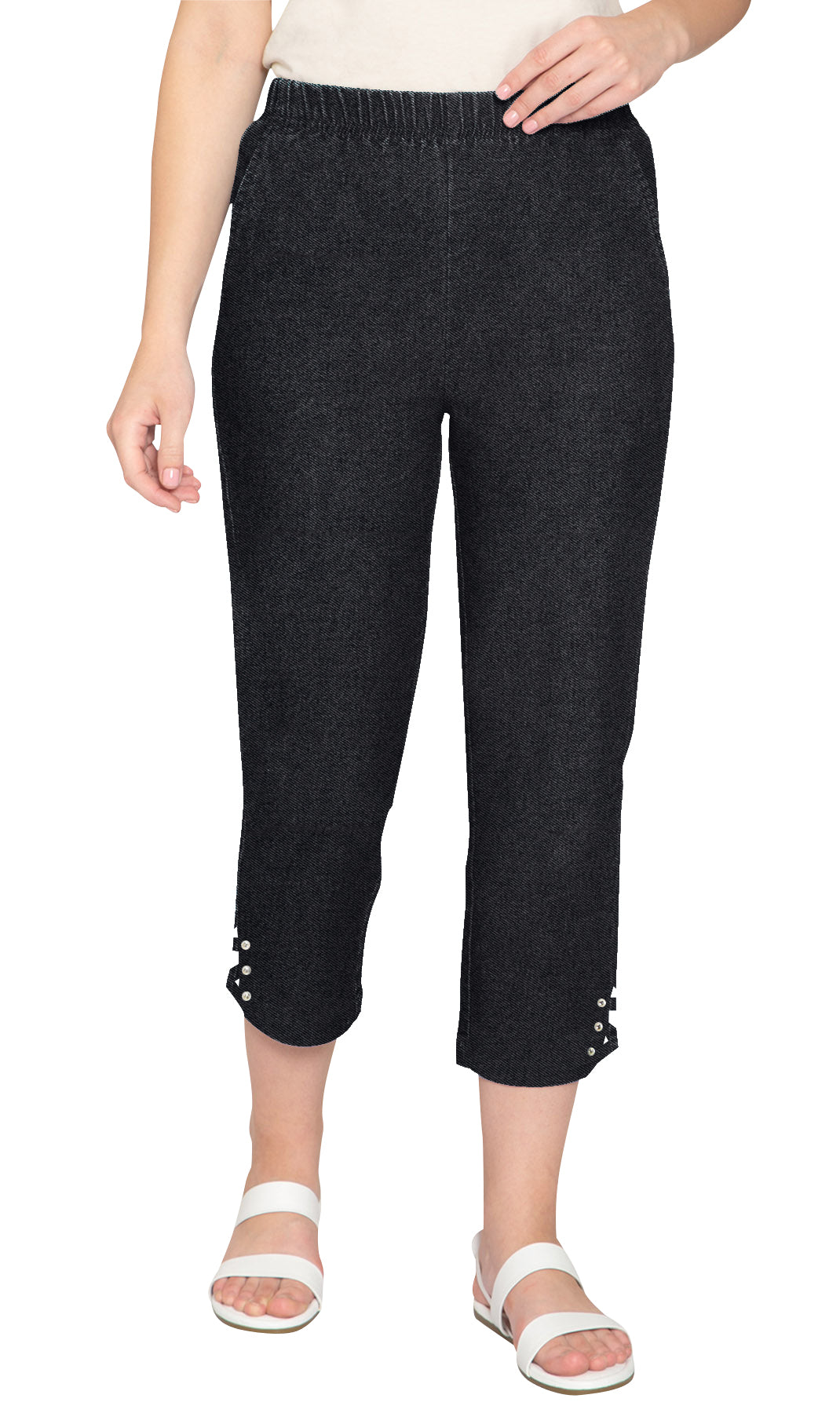 Women's Capris with Studded Hem Detail in Tri-Blend Denim and Twill with Angled side Pockets Black Main
