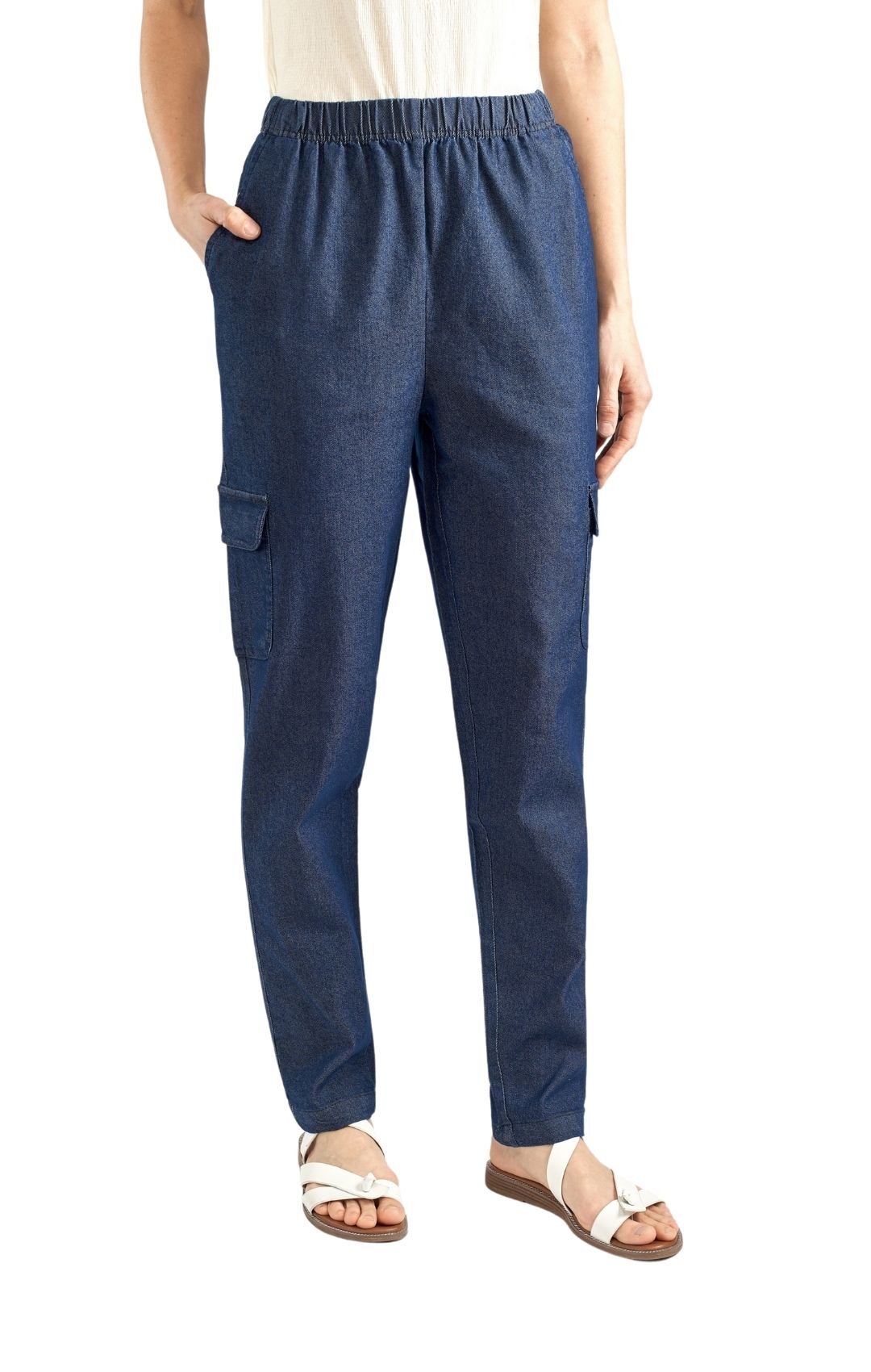 Women's Elastic Stretch Waist Casual Denim Pull-on Cargo Pants Indigo Side