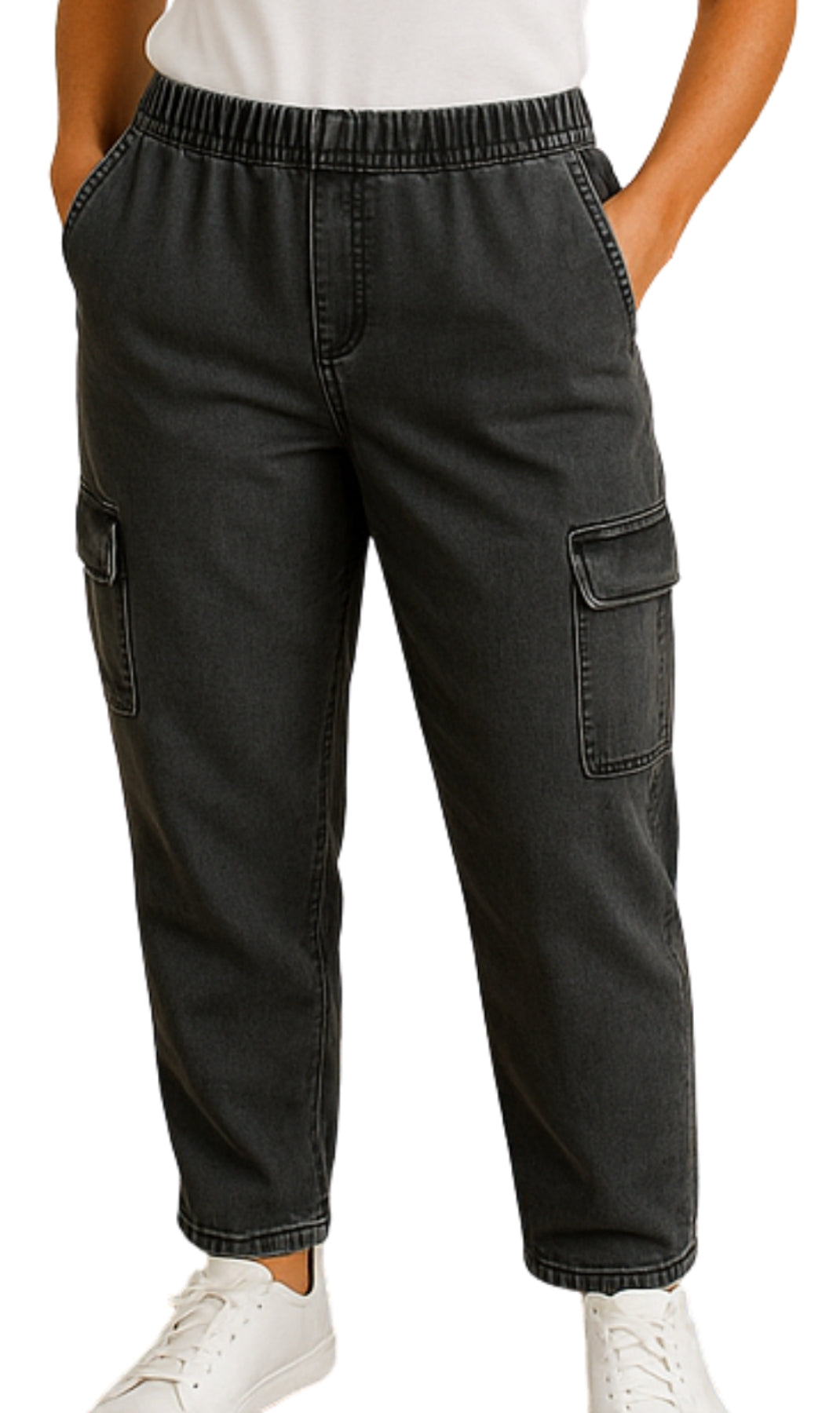 Black cargo pants worn by a person on a white background