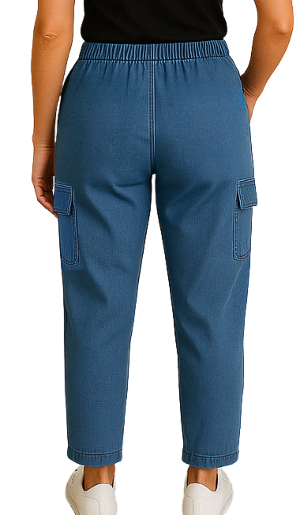 Blue cargo pants worn by a person on a white background