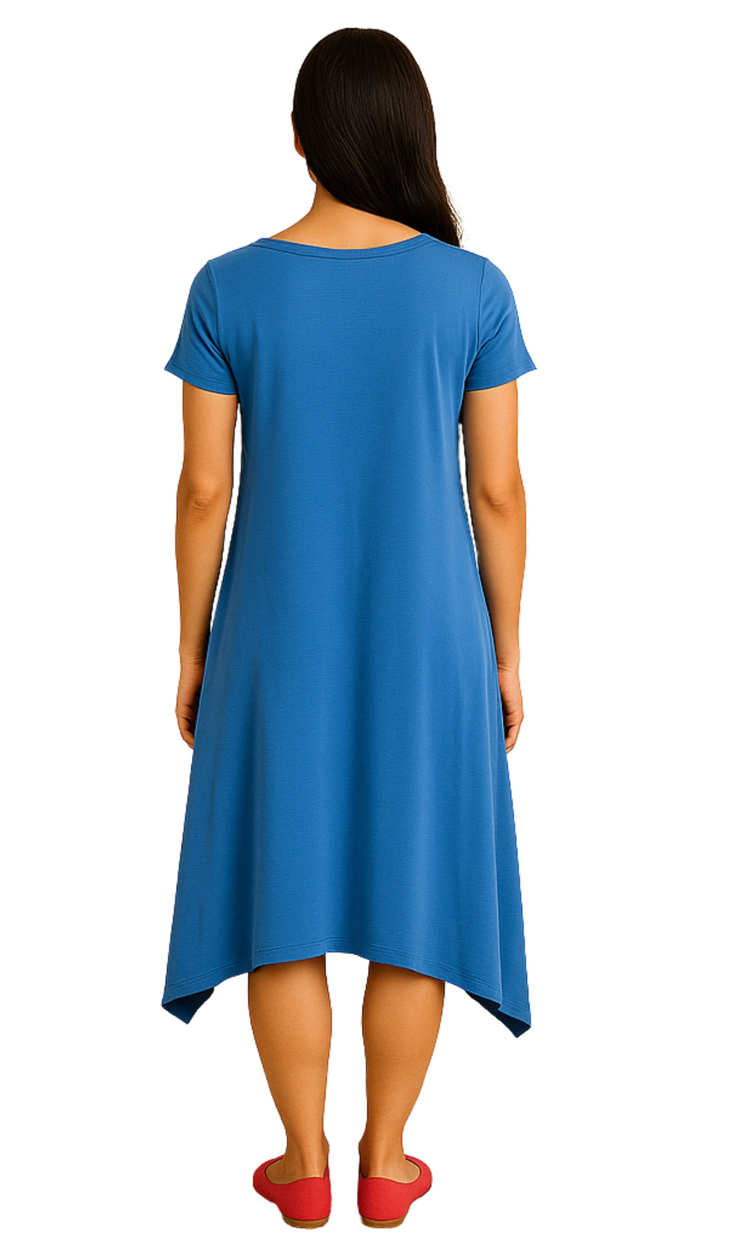 Woman wearing a blue dress on a white background_back