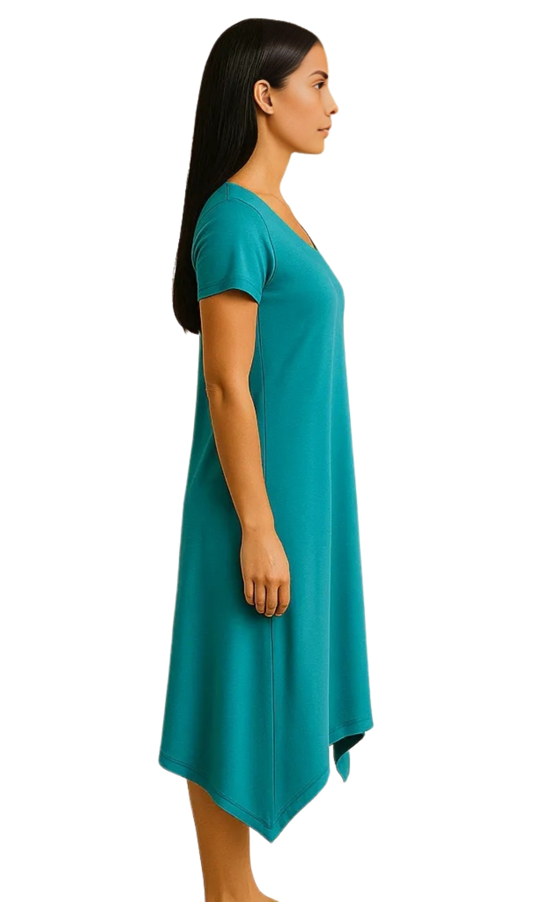 Woman wearing a teal dress on SIDE