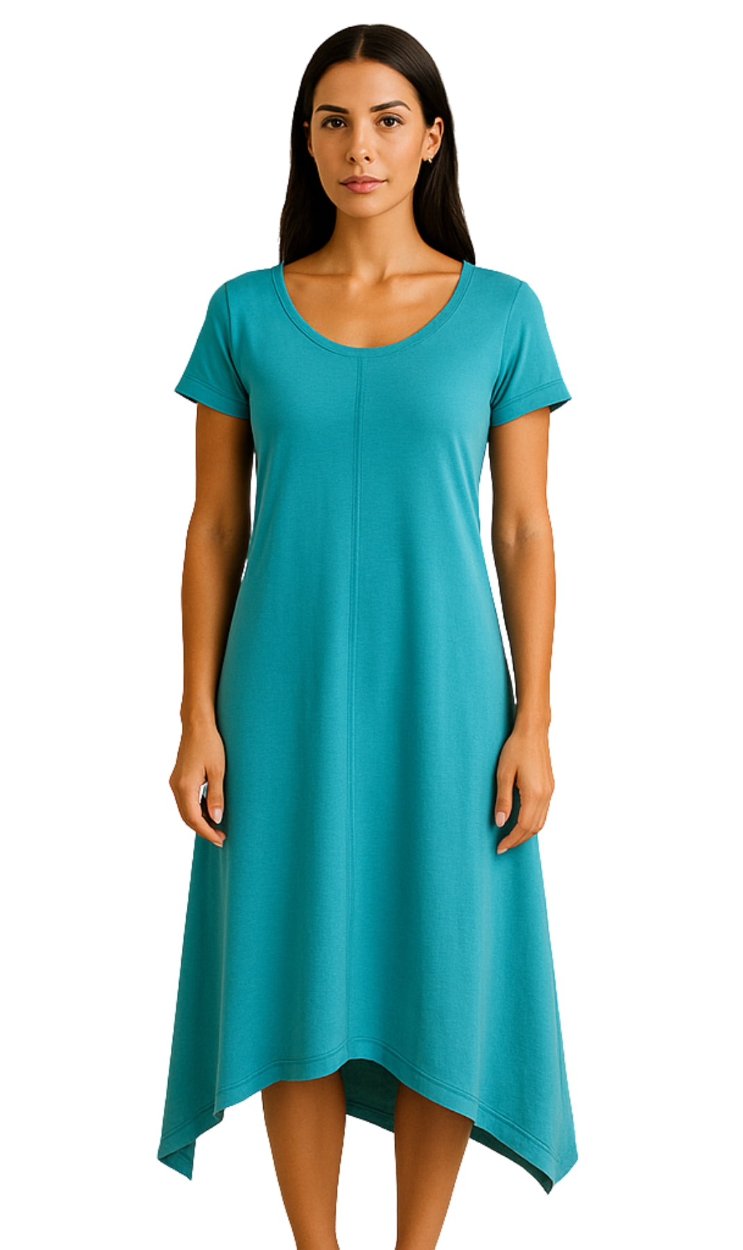 Woman wearing a teal dress on a white background_TEAL