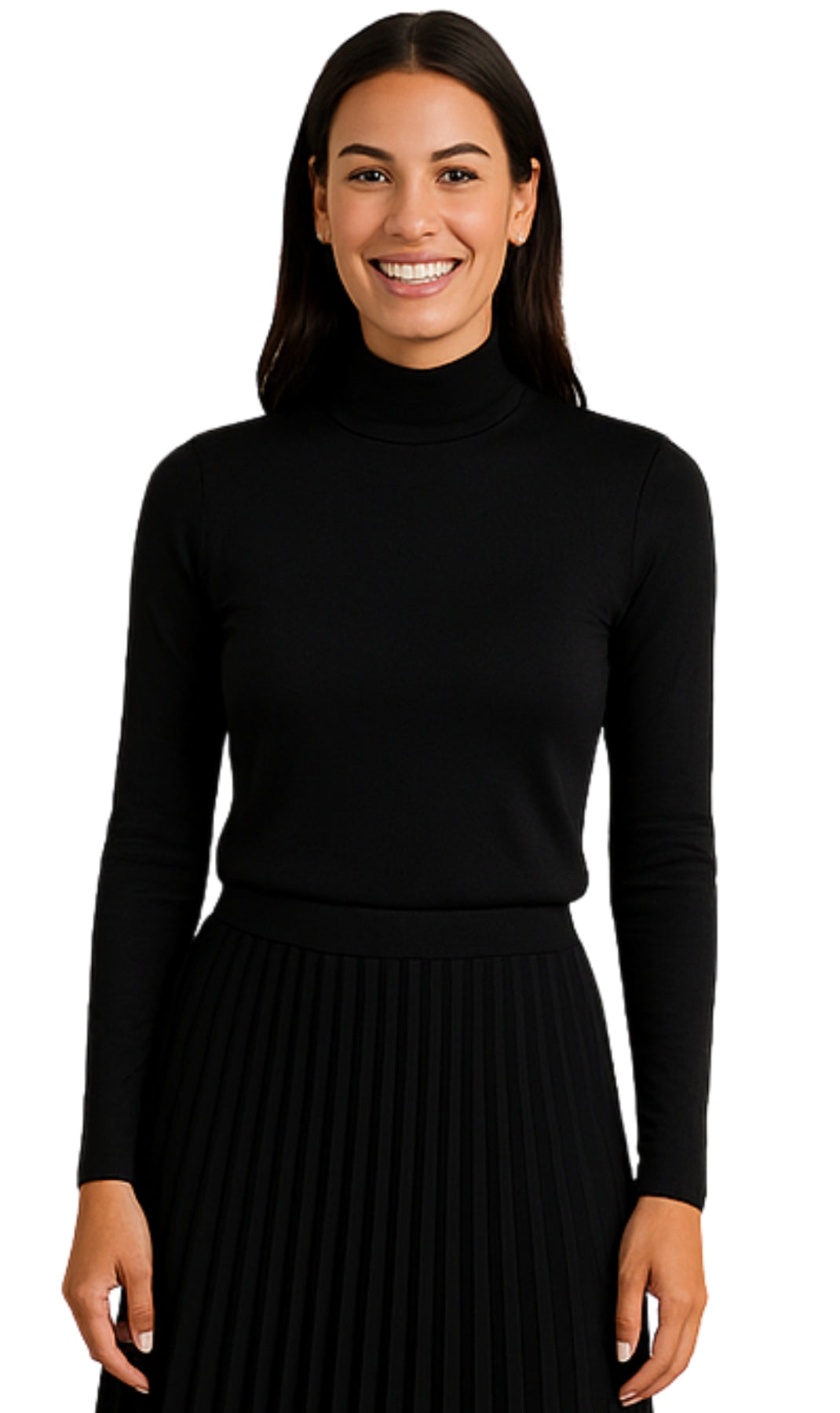 Woman wearing a black turtleneck sweater and black pleated skirt on a white background