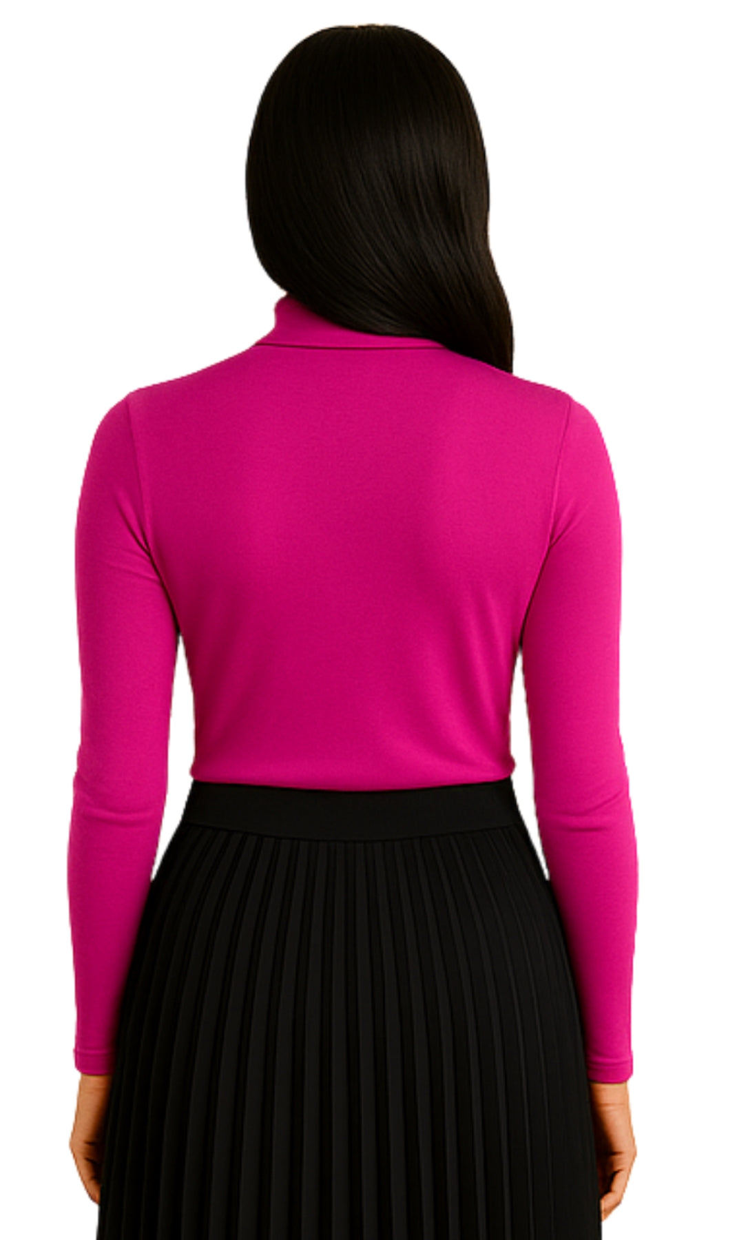 Person wearing a bright pink long-sleeve top and black pleated skirt on a white background