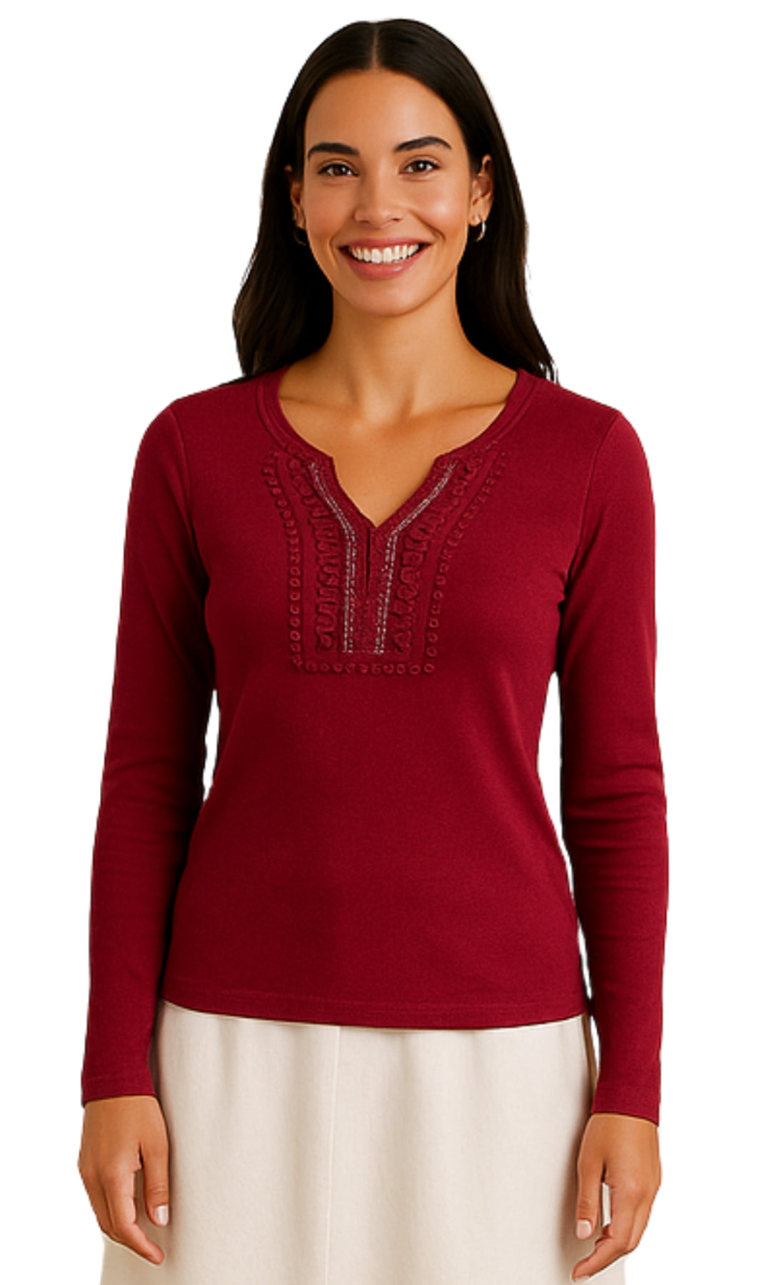 Women's Open Crochet And Jewel Trim V-Neck Knit Top in Cotton Rib Knit Front side