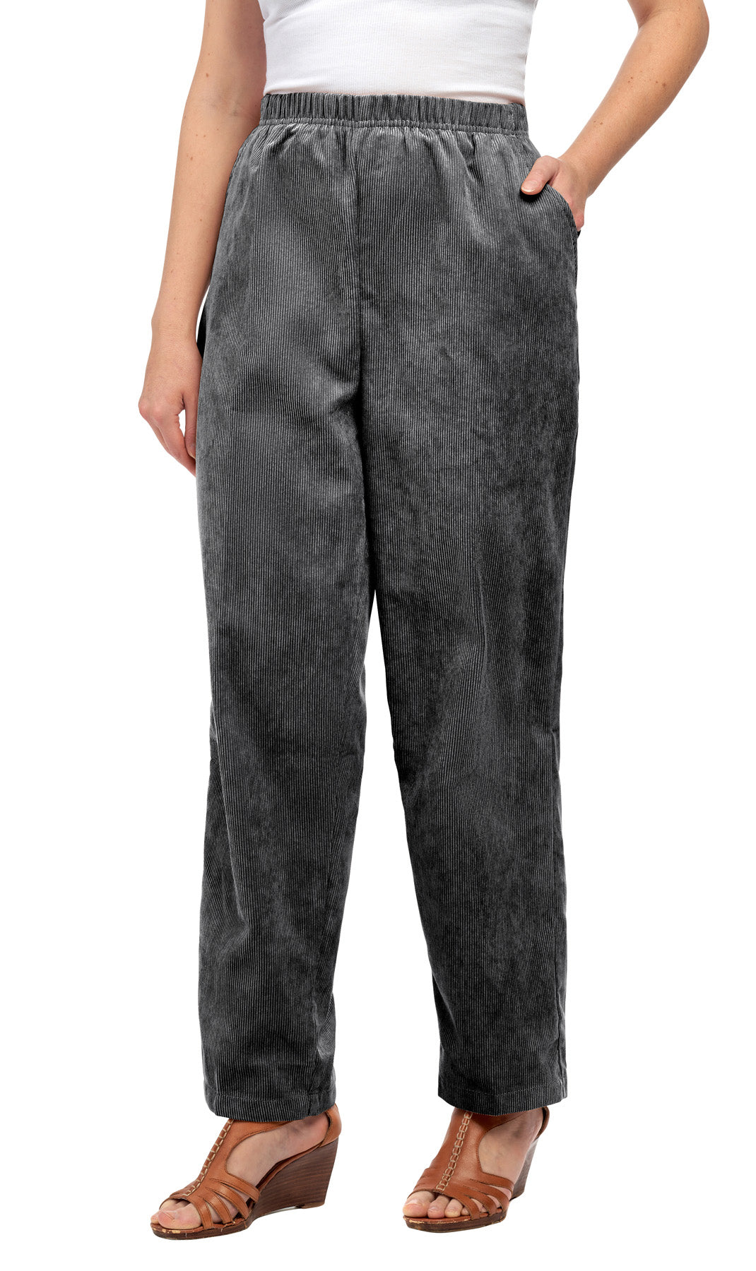 Women's Pull On Corduroy Pants ÔÇô Keep It Cozy in Fine Wale Corduroy - CHARCOAL- Front - TURTLE BAY APPAREL