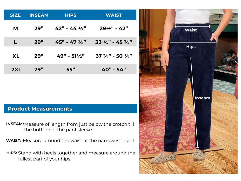 Women's Pull On Corduroy Pants Size Chart