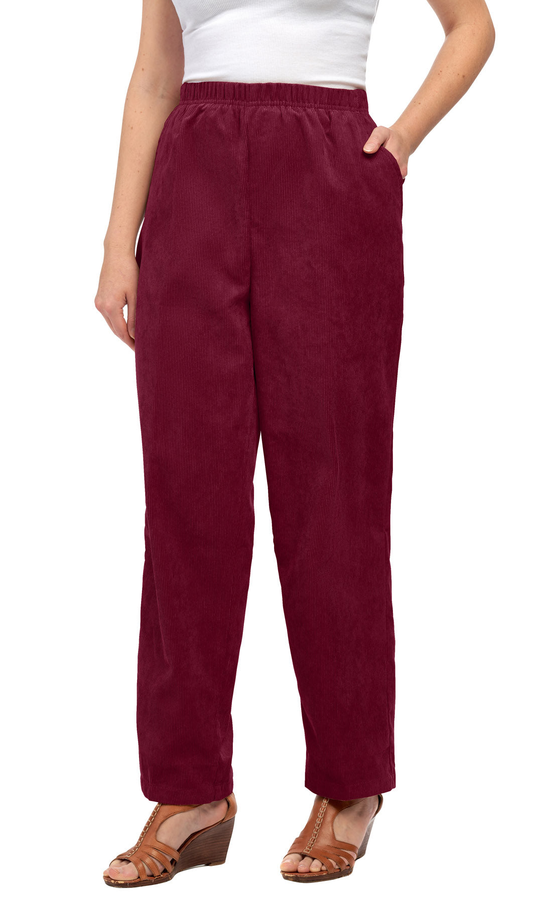 Women's Pull On Corduroy Pants ÔÇô Keep It Cozy in Fine Wale Corduroy - BURGUNDY - Front - TURTLE BAY APPAREL