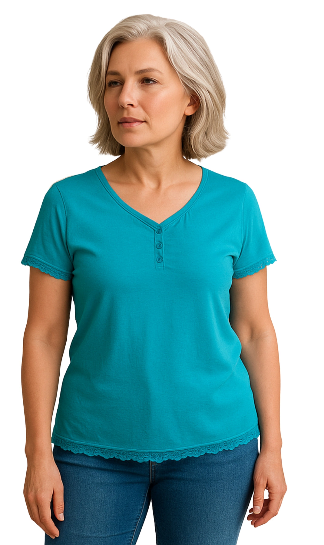 Woman wearing a teal short-sleeve shirt on a white background