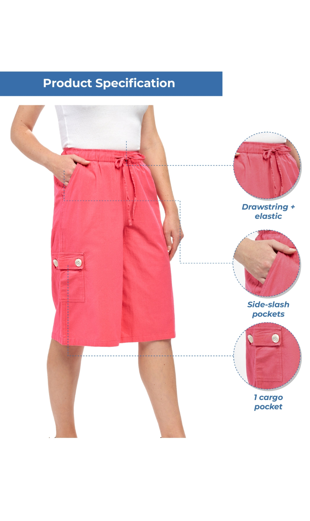 Women's 100% Calcutta Cotton Split Skirt Culottes with Cargo Pockets 3