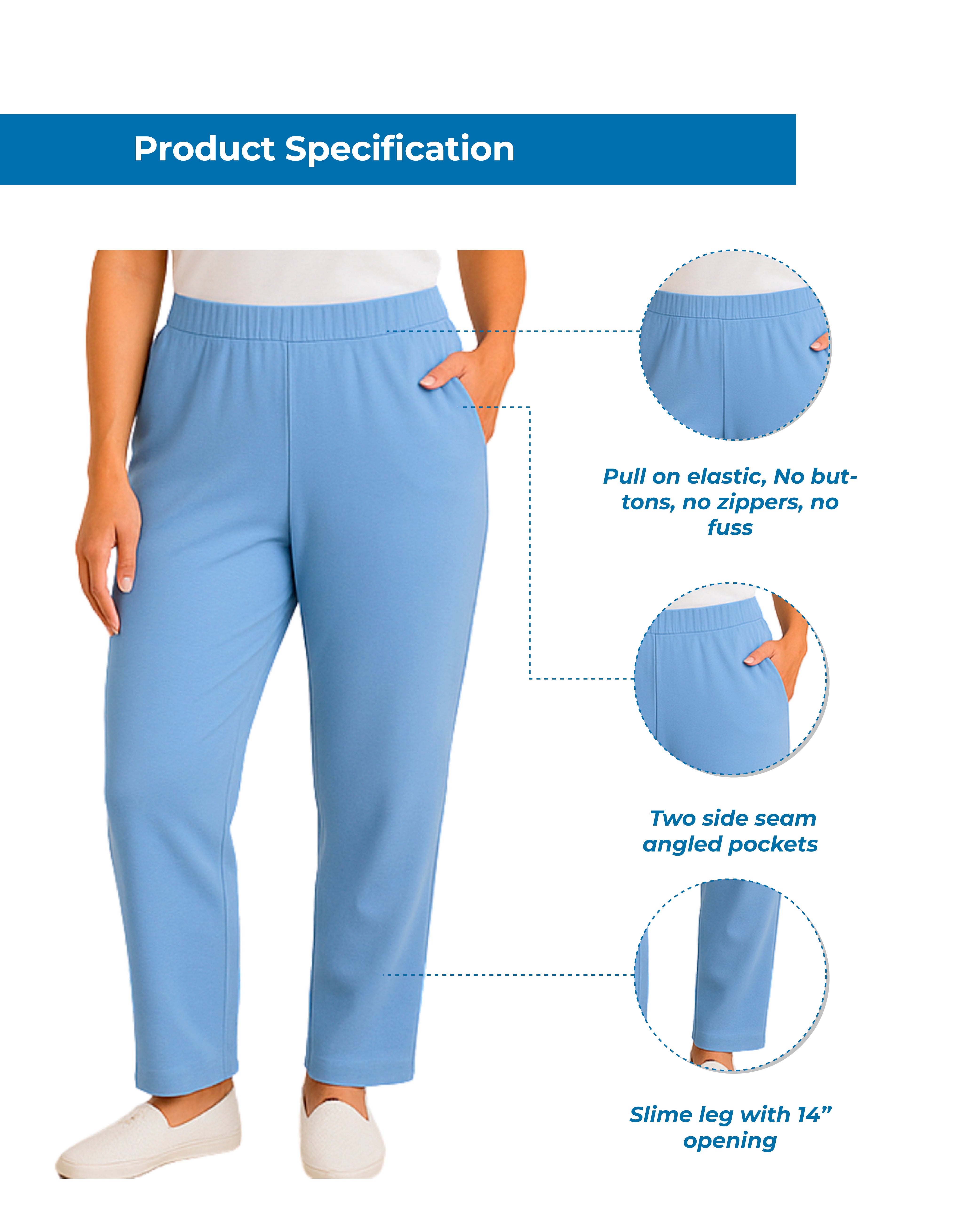 Turtle Bay New York Women's Knit Pull on Pants - Cotton Blend with Flat Front waistband navy info