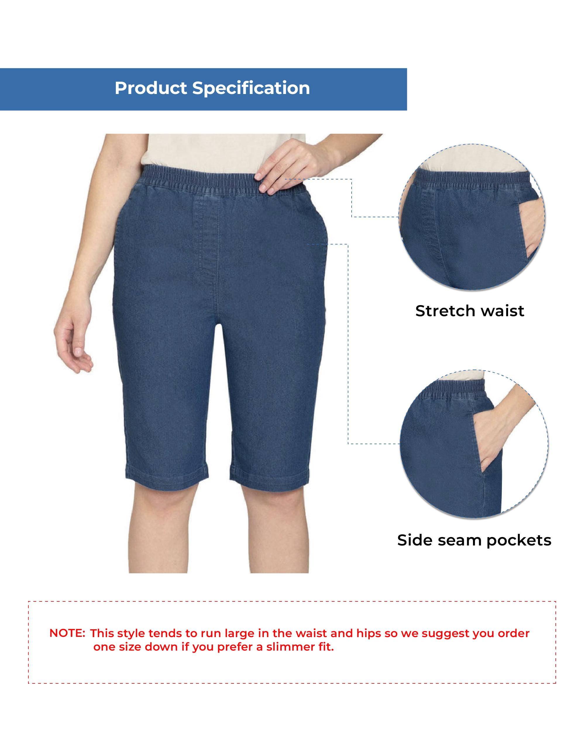 Turtle Bay New York Women's Easy Pull on Bermuda Shorts in Denim and Twill Indigo info