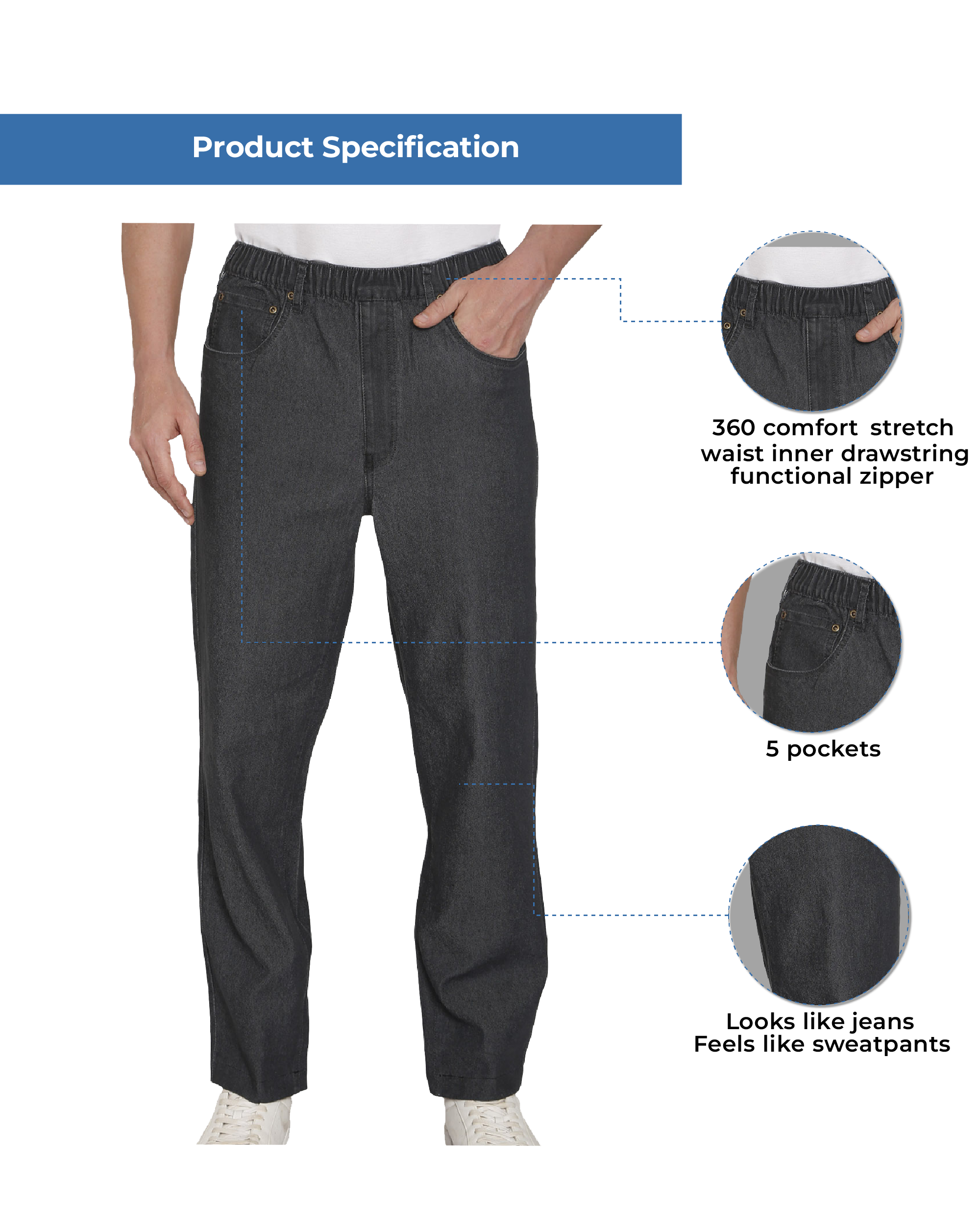 Men’s Lightweight Casual Elastic Waist Pull-On Jeans – Denim & Twill Pants with Easy Fit 4