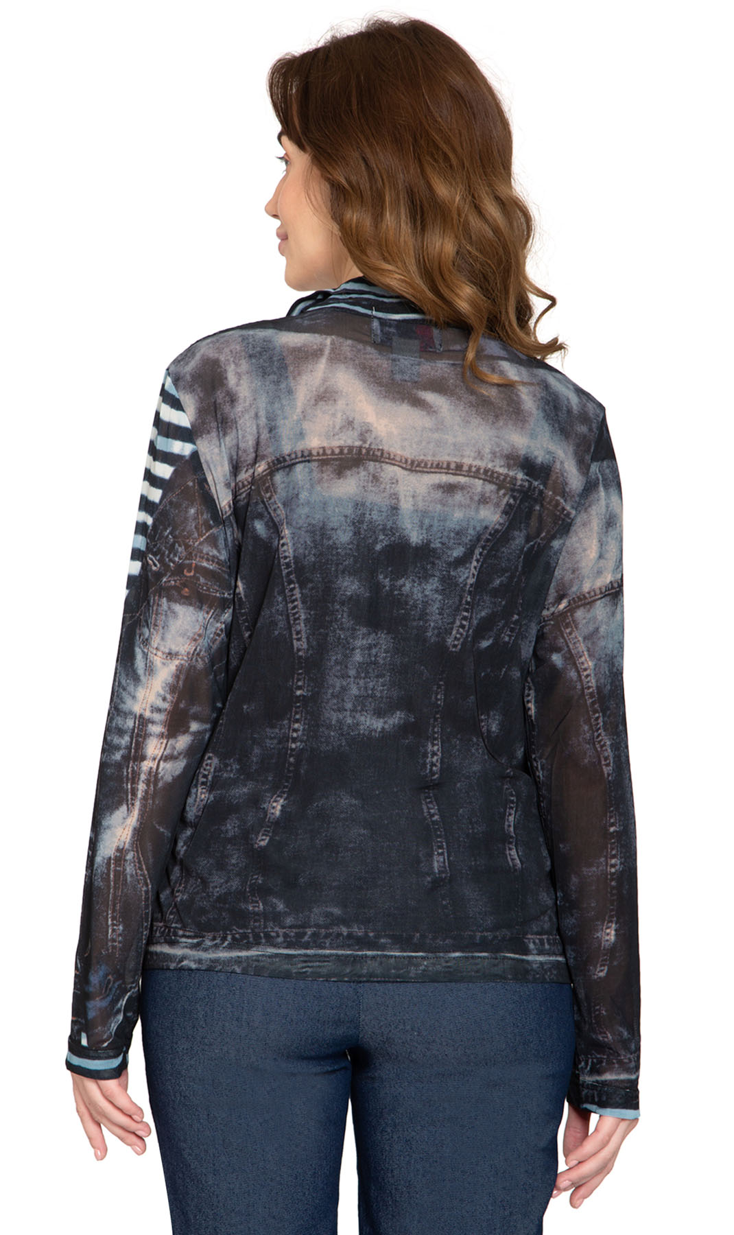 Women's Mesh Denim Look Printed Zip Front Jacket With Rhinestones - Back -  TURTLE BAY APPAREL