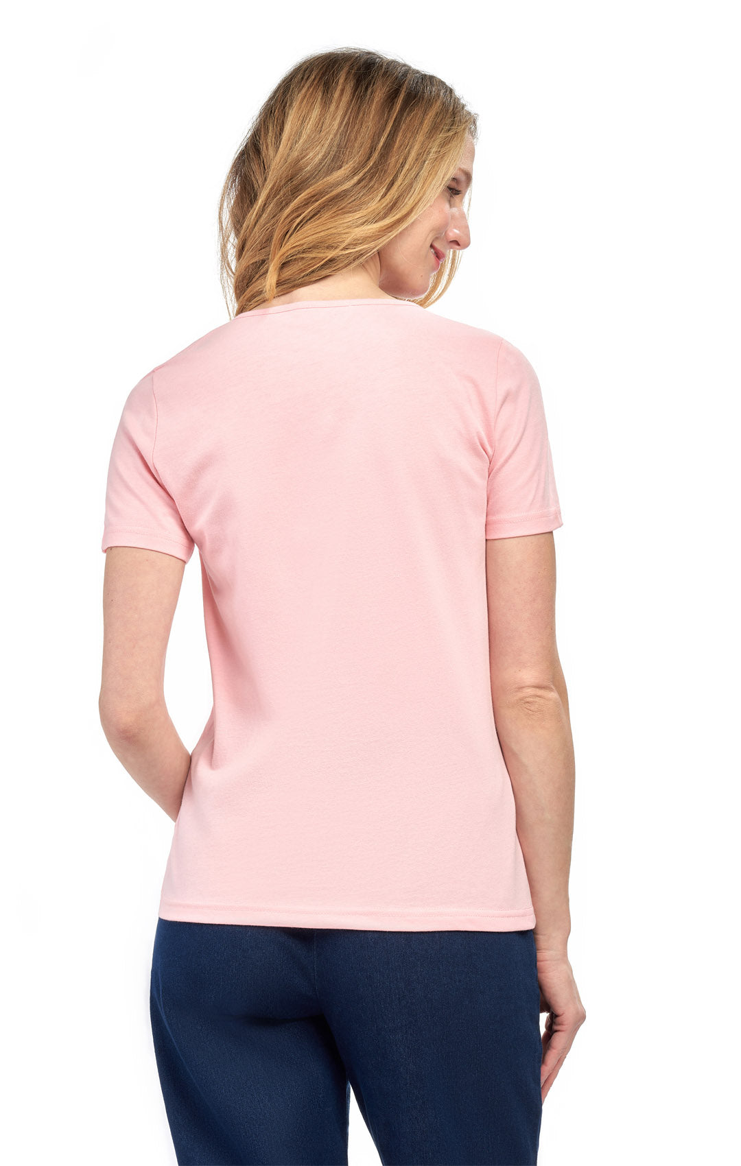 Women's V Neck Knit TeeÔÇô Hits at the Hip for Longer Coverage and a Sleeker Fit - PINK - Back - TURTLE BAY APPAREL